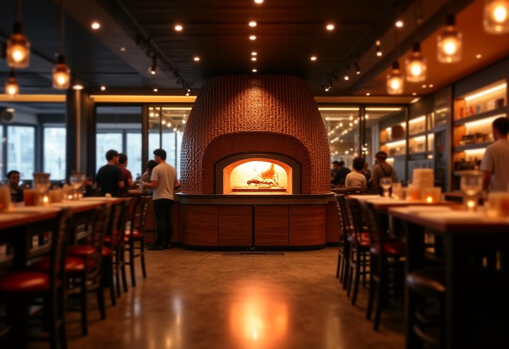 Interno di una pizzeria di design con un forno a legna illuminato al centro.