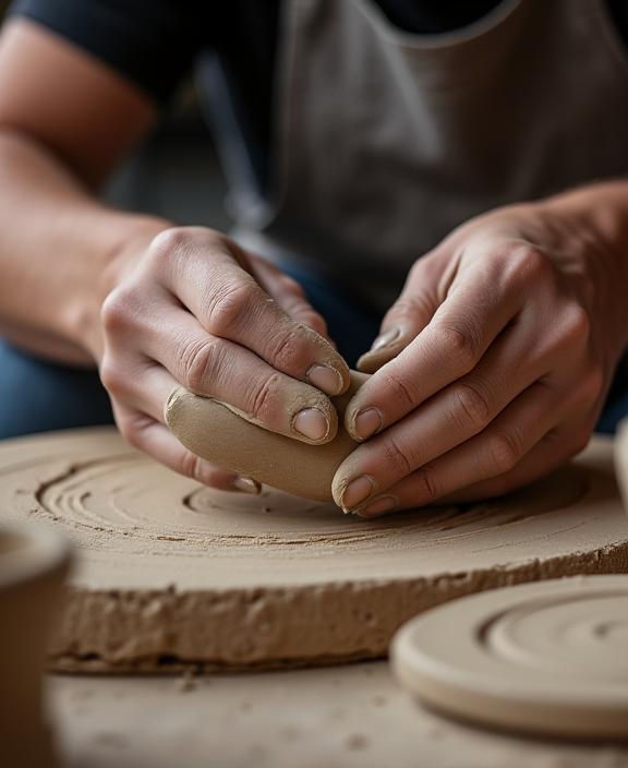 Mani di un artigiano che modellano l'argilla per un forno.