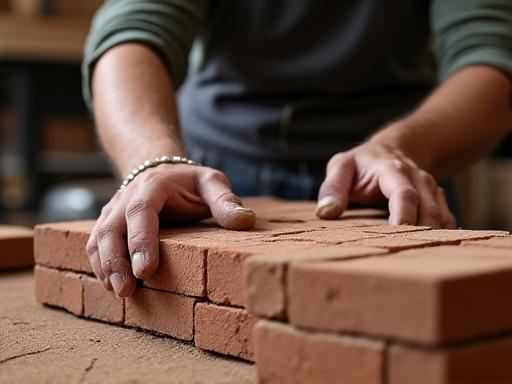 Artigiano che posa i mattoni di un forno a legna.