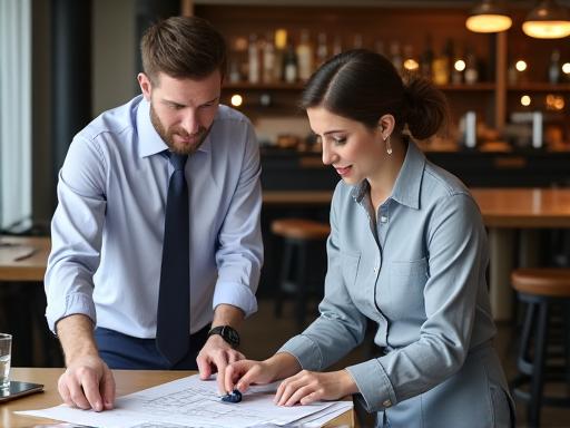 Incontro di lavoro tra designer e cliente ristoratore.