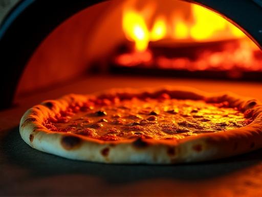 Una pizza che cuoce in un forno a legna appena installato.