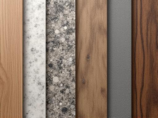 Campioni di legno, pietra e metallo su un tavolo di lavoro.